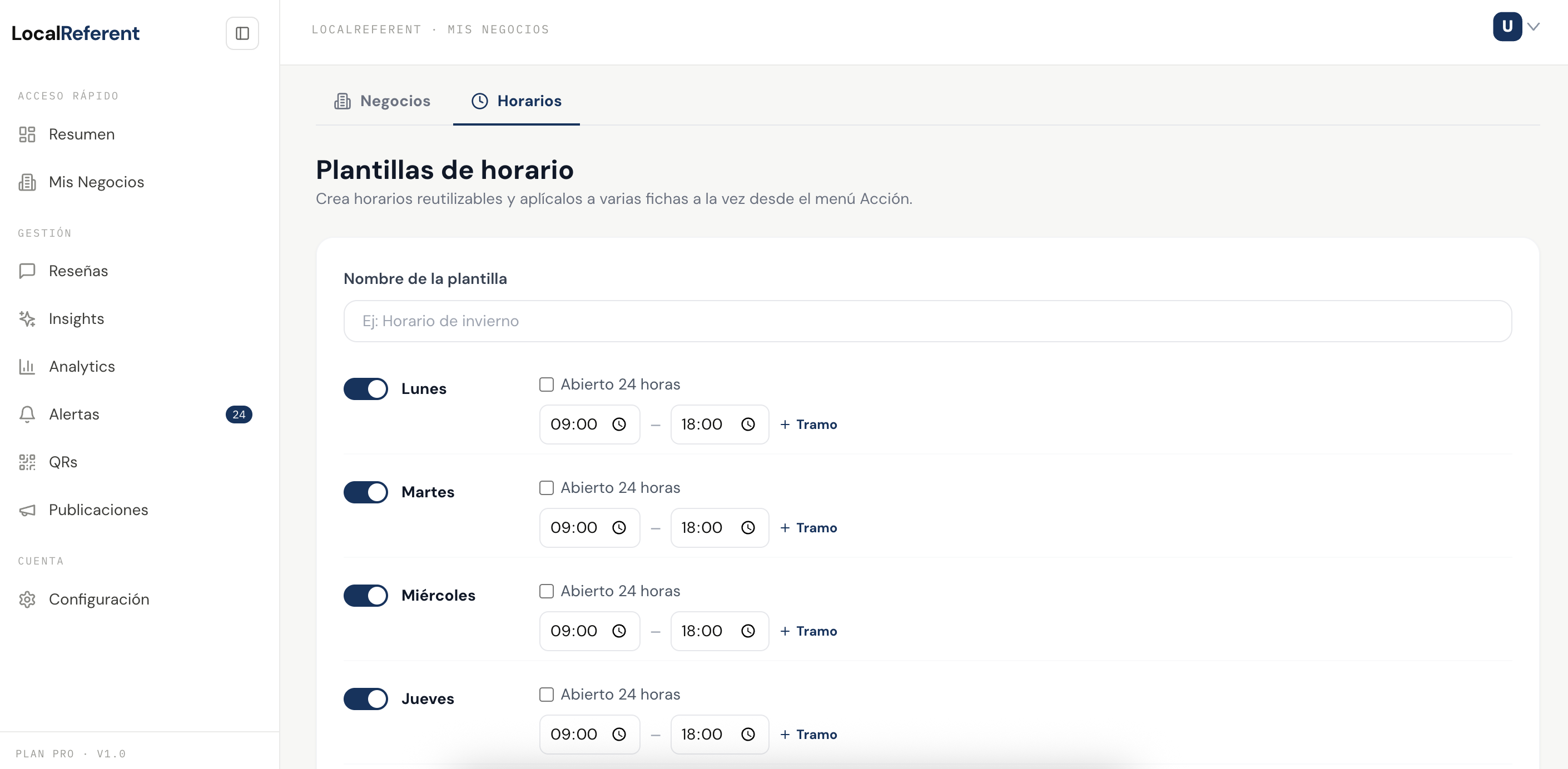 Plantillas de horario